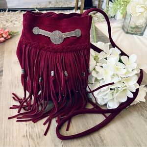 Free People Burgundy Suede Bucket Bag